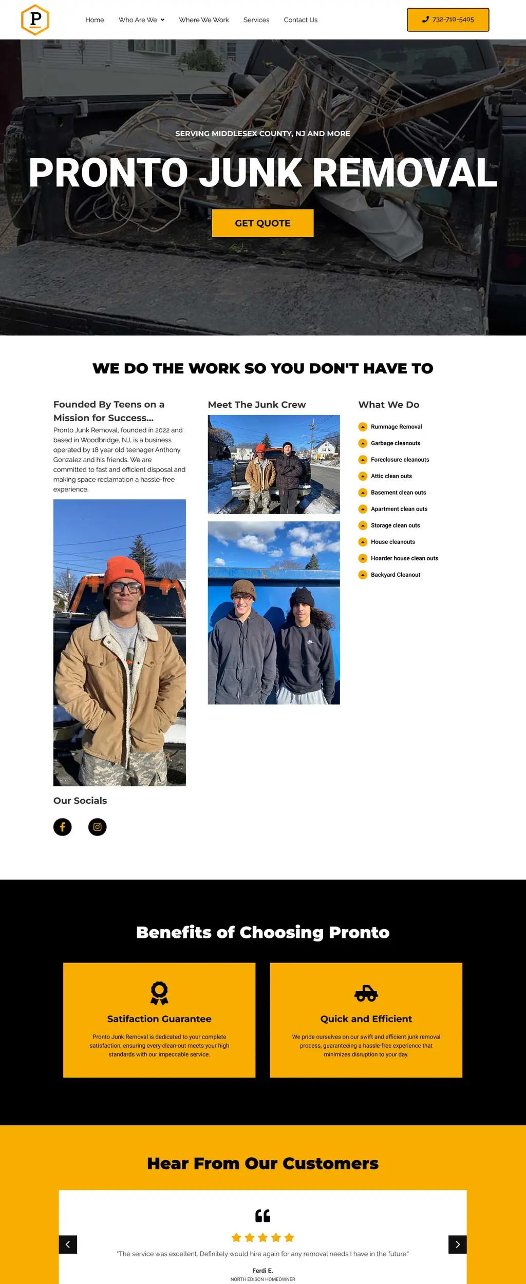 Pronto Junk Removal website homepage showcasing junk hauling services in New Jersey